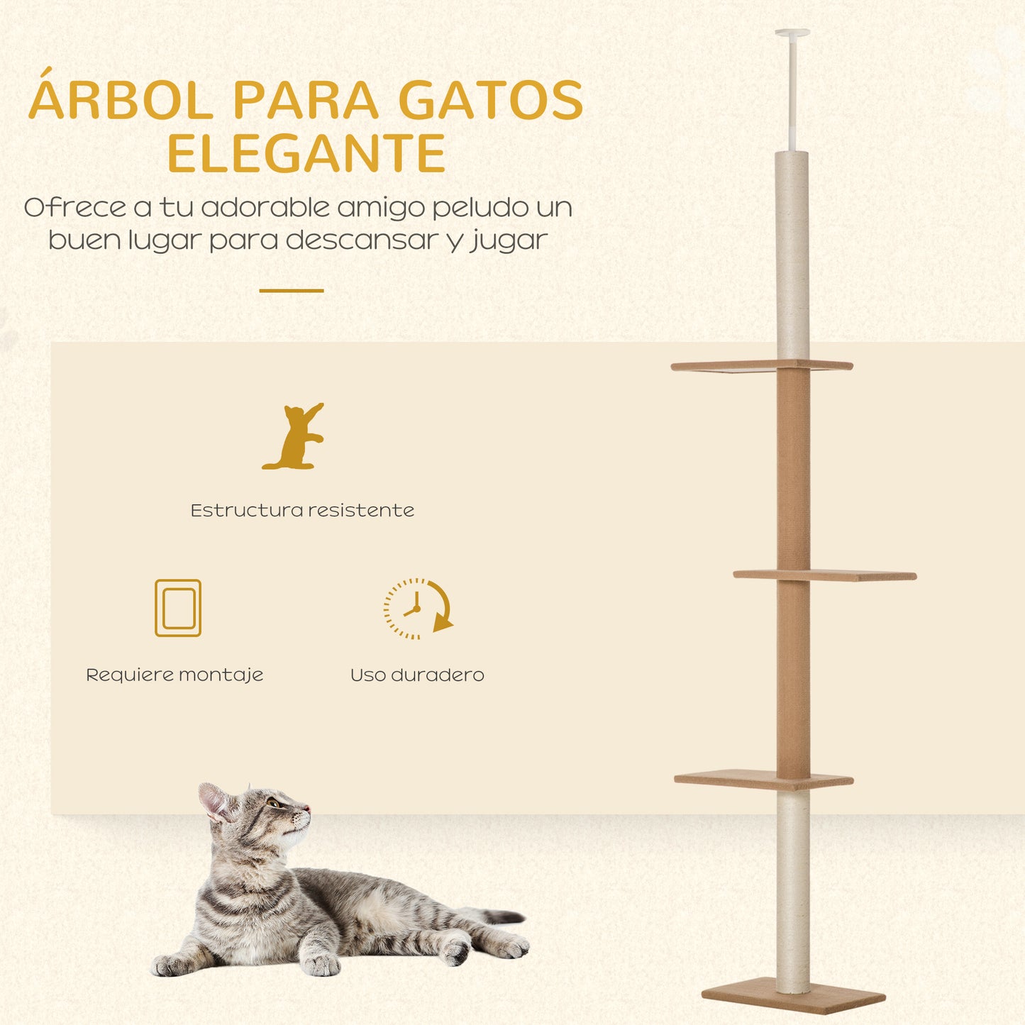 PawHut Árbol para Gatos del Suelo al Techo 43x27x228-260 cm Torre para Gatos con Altura Ajustable 4 Plataformas Espaciosas y Poste de Sisal Marrón