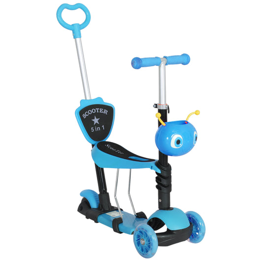 HOMCOM 3 en 1 Patinete para Niños de +18 Meses o Scooter de 3 Ruedas con Asiento Extraíble Manillar Mango de Empuje Altura Ajustable 62x25x72,5 cm Azul