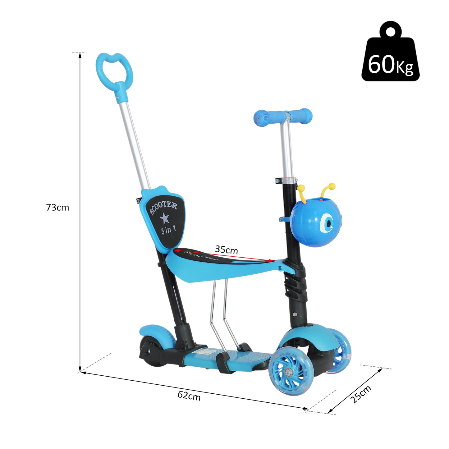 HOMCOM 3 en 1 Patinete para Niños de +18 Meses o Scooter de 3 Ruedas con Asiento Extraíble Manillar Mango de Empuje Altura Ajustable 62x25x72,5 cm Azul