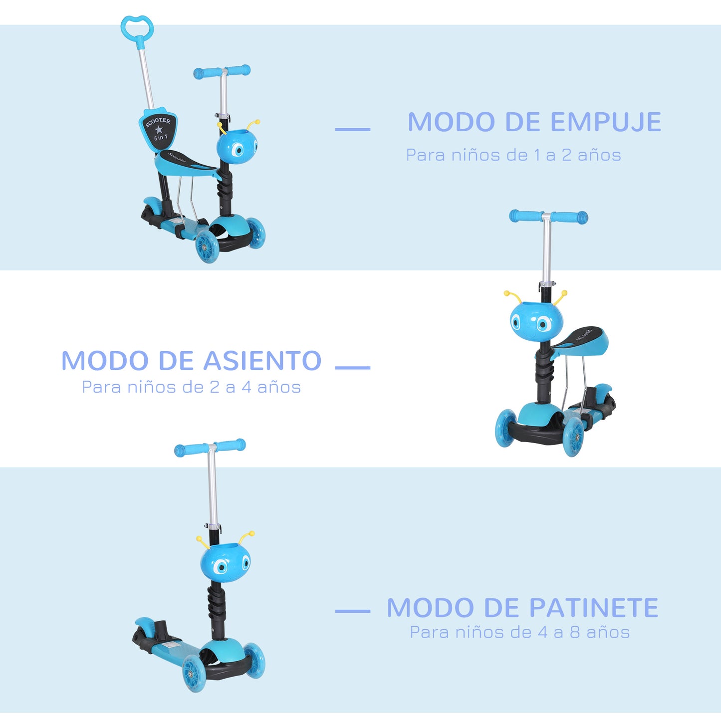 HOMCOM 3 en 1 Patinete para Niños de +18 Meses o Scooter de 3 Ruedas con Asiento Extraíble Manillar Mango de Empuje Altura Ajustable 62x25x72,5 cm Azul