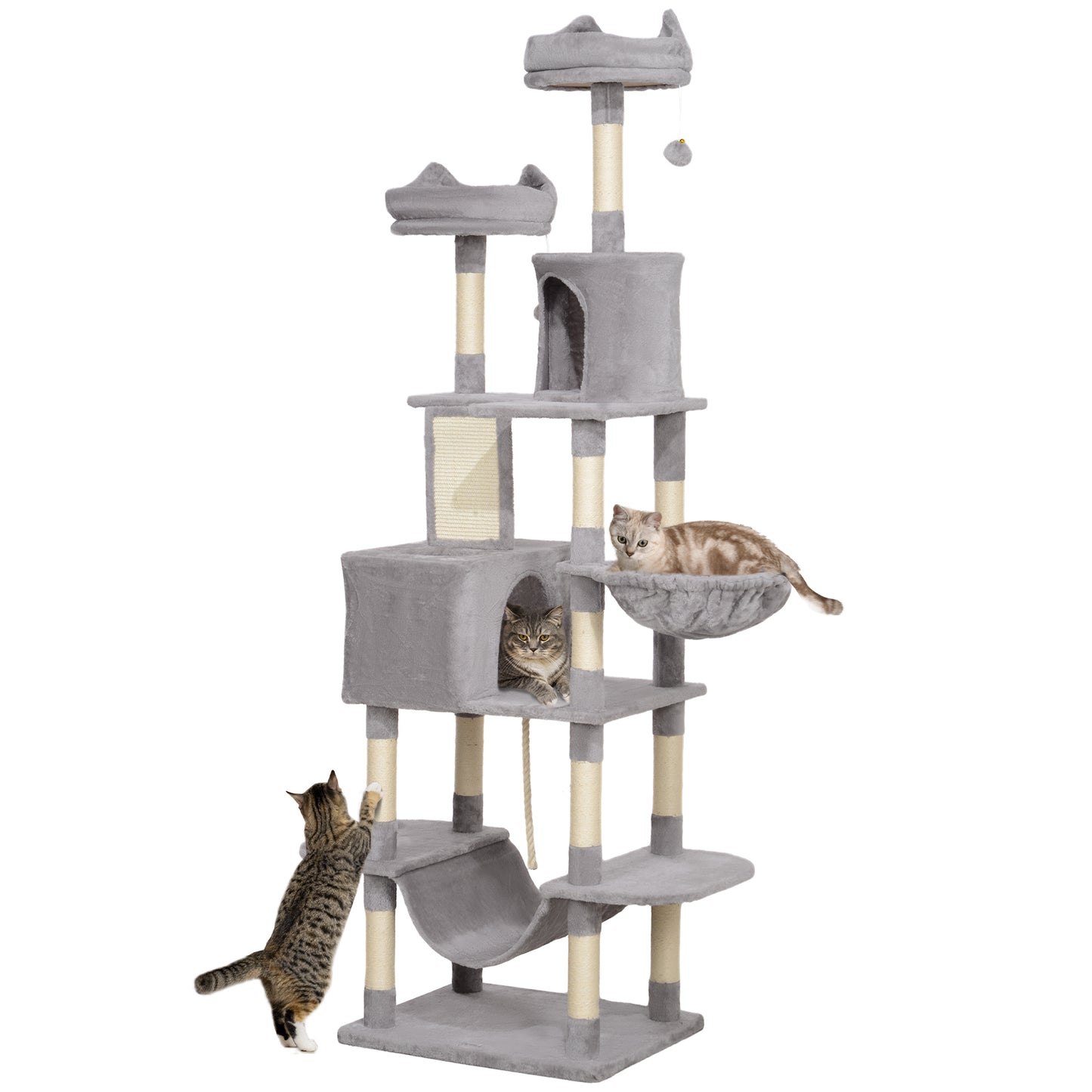 PawHut Árbol Rascador para Gatos Grande Altura 206 cm Árbol para Gatos Torre para Gatos con Plataformas Cuevas Bolas Colgantes y Hamacas Gris Claro