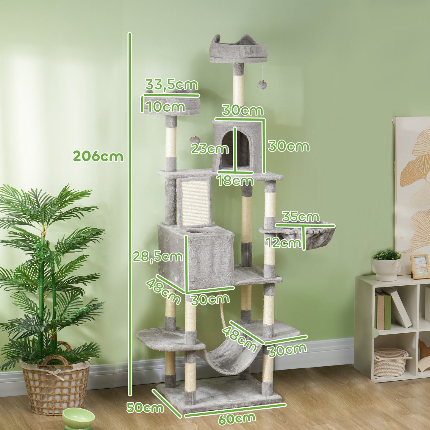 PawHut Árbol Rascador para Gatos Grande Altura 206 cm Árbol para Gatos Torre para Gatos con Plataformas Cuevas Bolas Colgantes y Hamacas Gris Claro