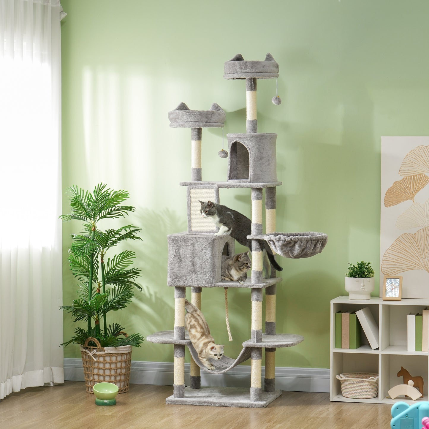 PawHut Árbol Rascador para Gatos Grande Altura 206 cm Árbol para Gatos Torre para Gatos con Plataformas Cuevas Bolas Colgantes y Hamacas Gris Claro