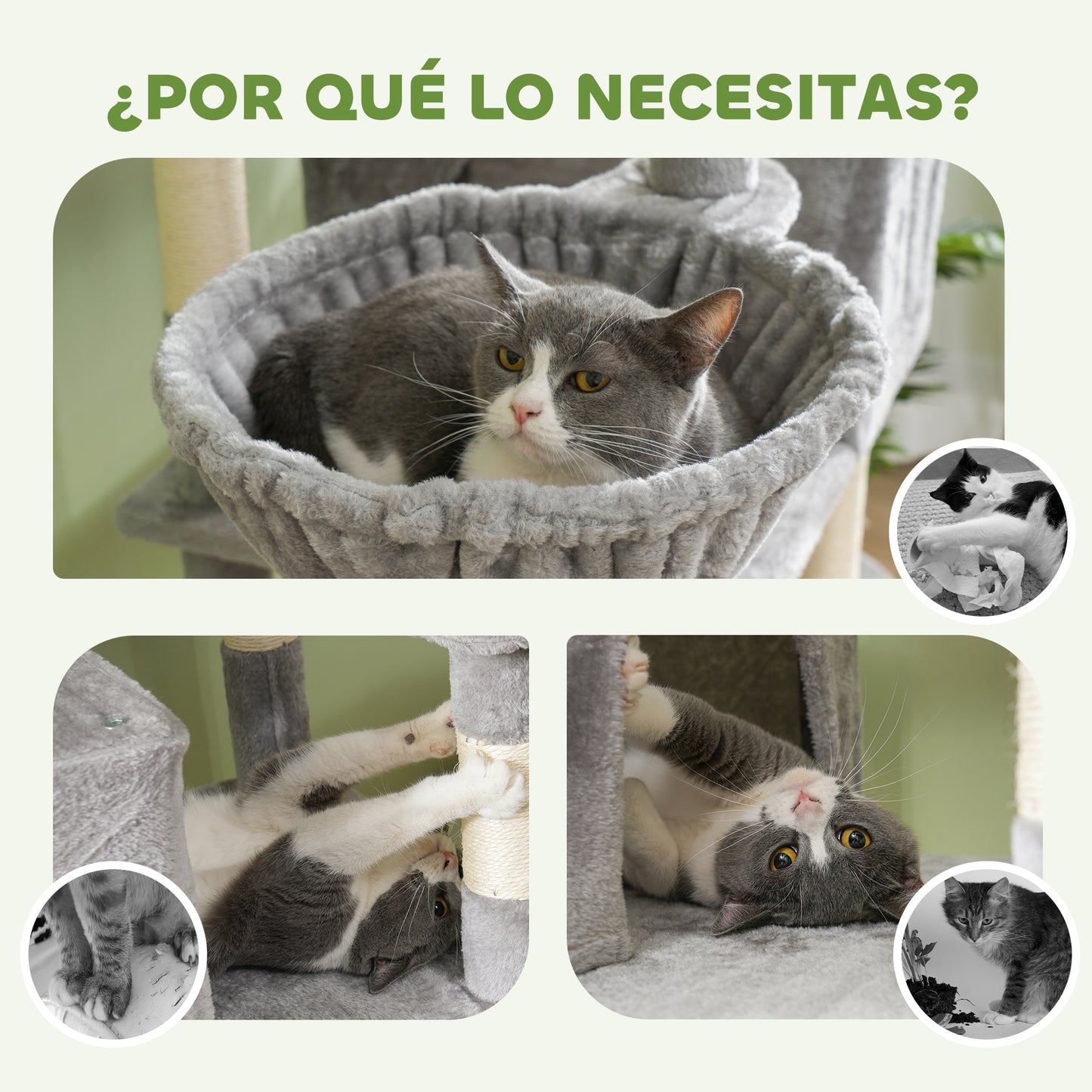 PawHut Árbol Rascador para Gatos Grande Altura 206 cm Árbol para Gatos Torre para Gatos con Plataformas Cuevas Bolas Colgantes y Hamacas Gris Claro