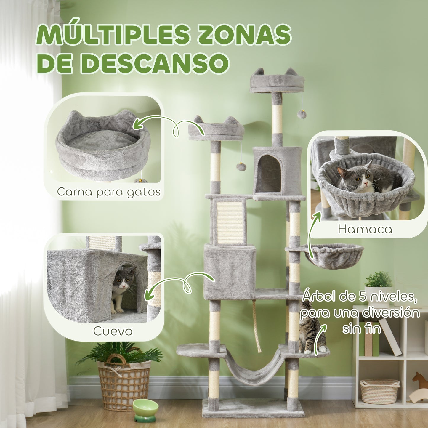 PawHut Árbol Rascador para Gatos Grande Altura 206 cm Árbol para Gatos Torre para Gatos con Plataformas Cuevas Bolas Colgantes y Hamacas Gris Claro