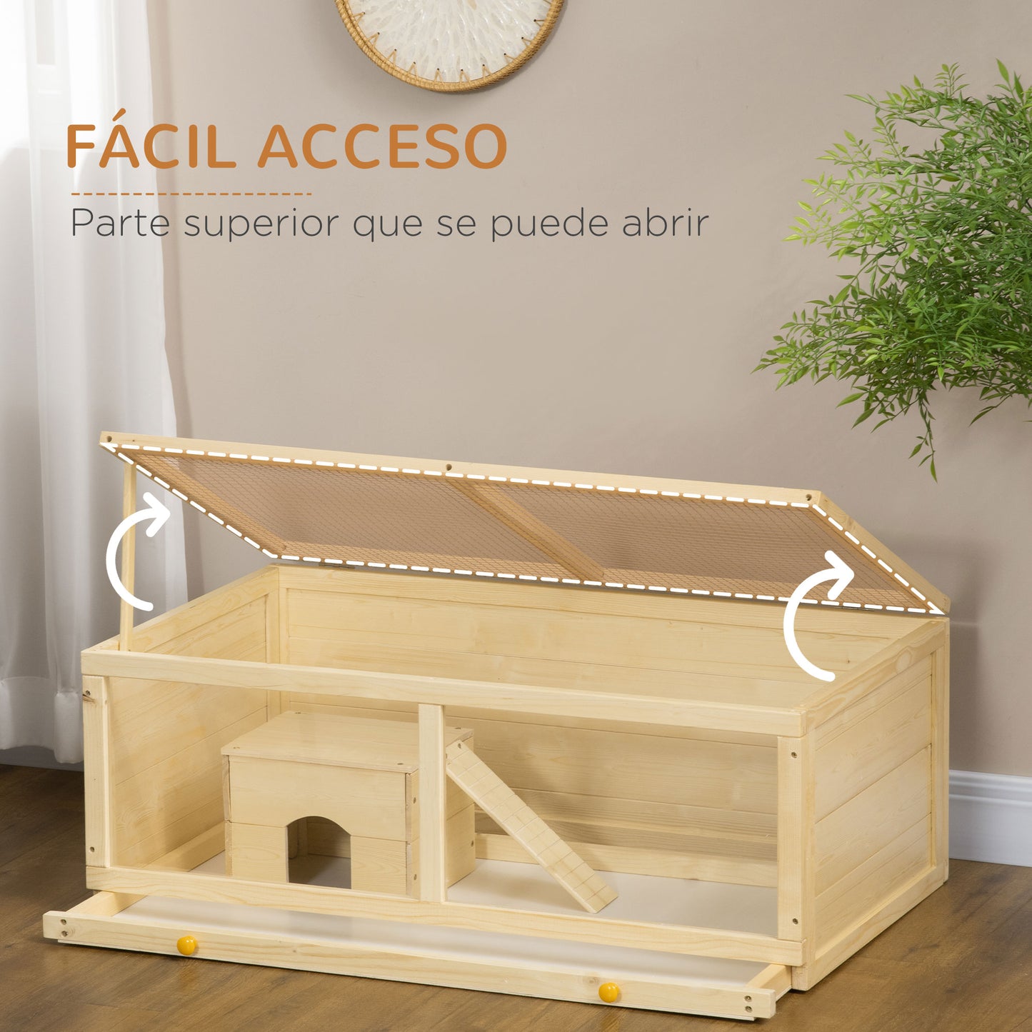 PawHut Jaula para Hámster de Madera 100x58x38 cm Casa para Roedores con Tapa Abatible Panel de Acrílico Bandeja Extraíble y Cabaña para Conejos Chinchillas Natural