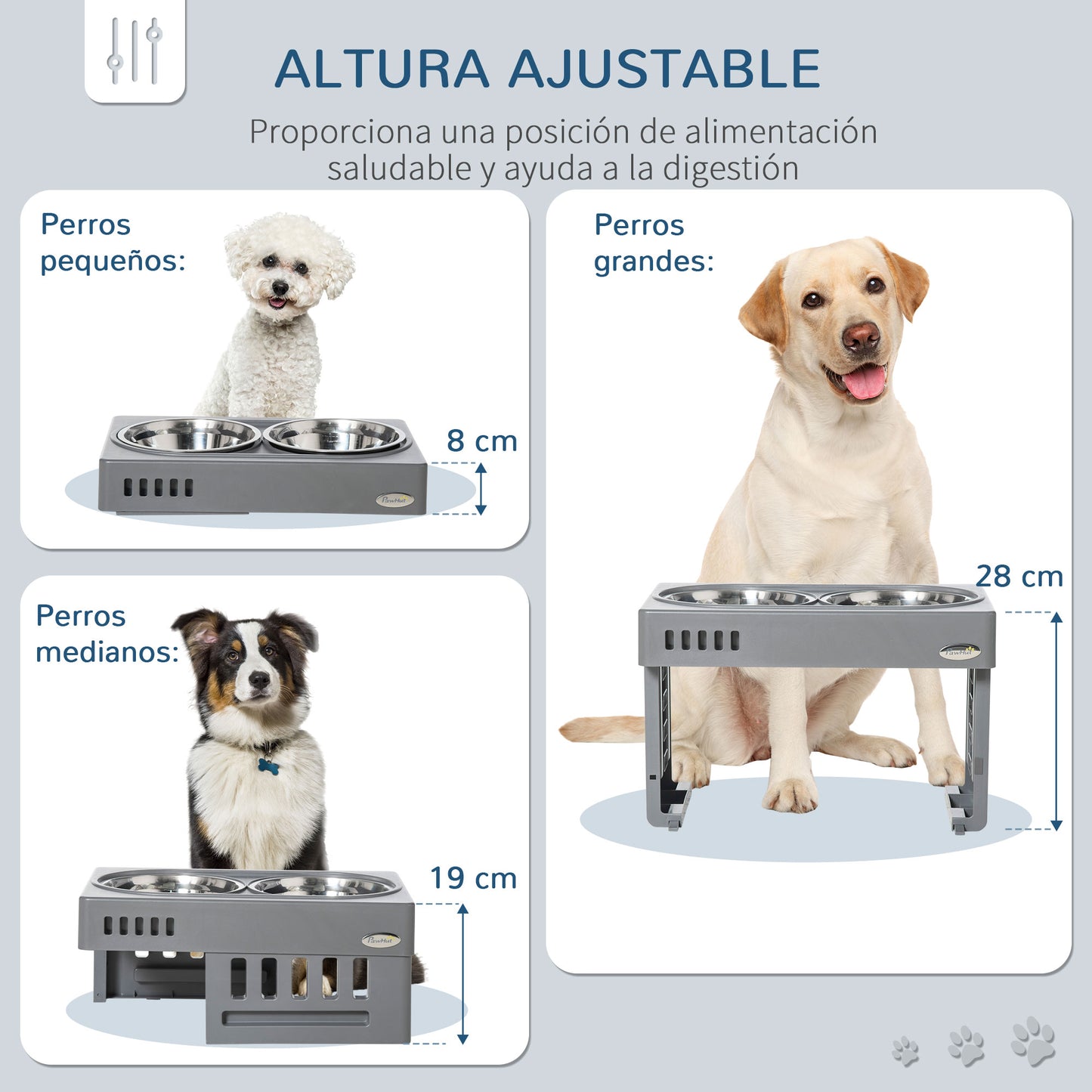 PawHut Comedero Elevado para Perros con 2 Platos Desmontables de 1200 ml y Altura Ajustable de 3 Niveles Cuencos para Perros con Soporte de Acero Inoxidable 44x27,7x28 cm Gris