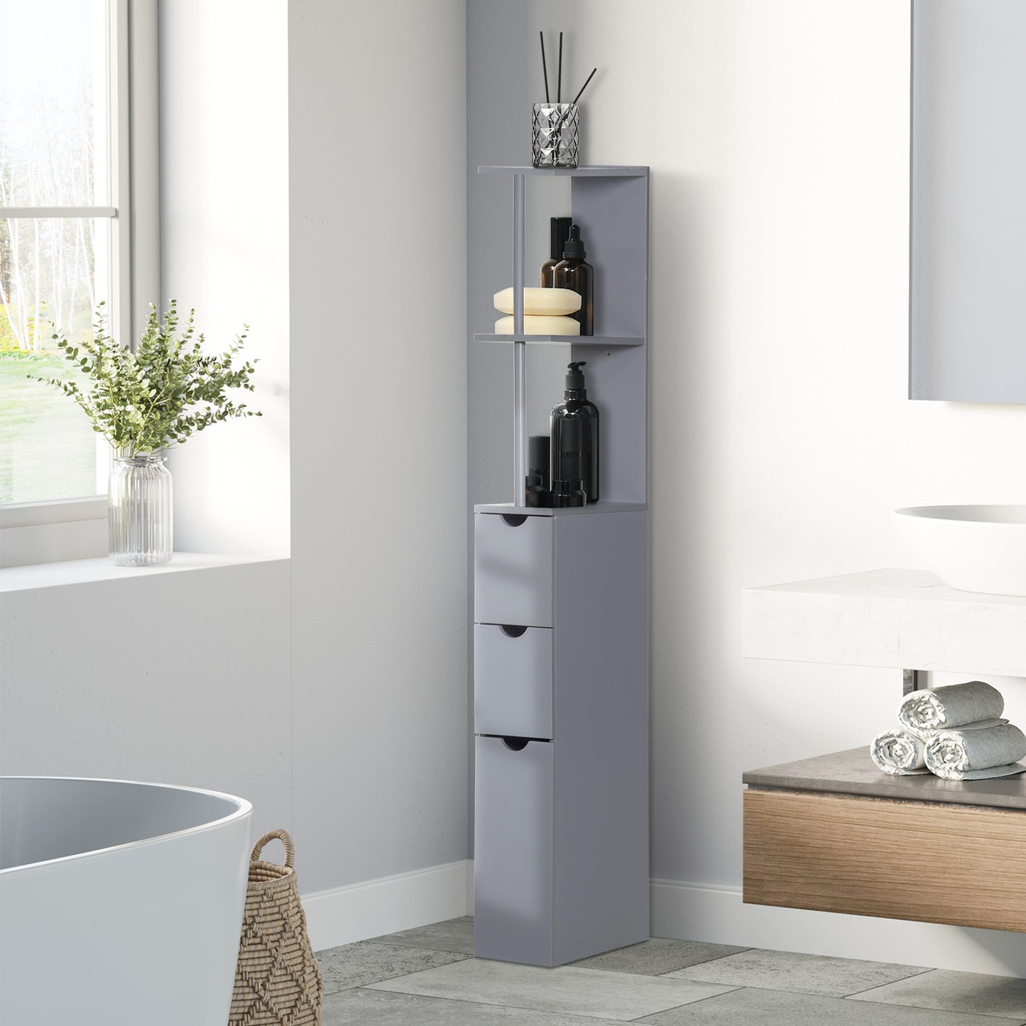 HOMCOM Columna Auxiliar de Baño Moderno Armario de Baño Mueble Auxiliar de Baño con 2 Estantes 2 Cajones y 1 Puerta Antivuelco 15x33x136,5 cm Gris