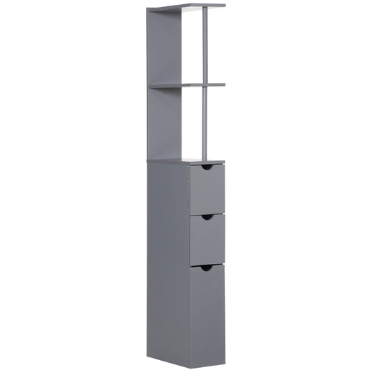 HOMCOM Columna Auxiliar de Baño Moderno Armario de Baño Mueble Auxiliar de Baño con 2 Estantes 2 Cajones y 1 Puerta Antivuelco 15x33x136,5 cm Gris