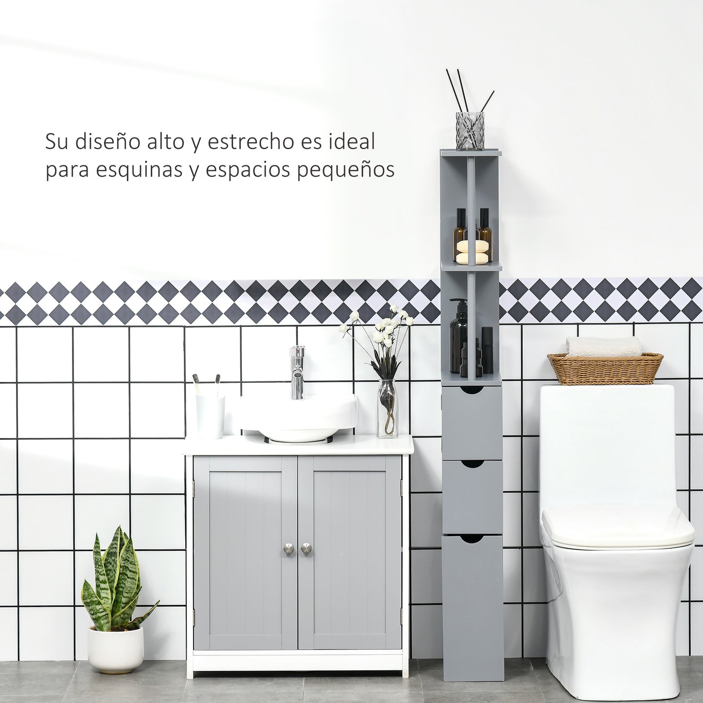 HOMCOM Columna Auxiliar de Baño Moderno Armario de Baño Mueble Auxiliar de Baño con 2 Estantes 2 Cajones y 1 Puerta Antivuelco 15x33x136,5 cm Gris