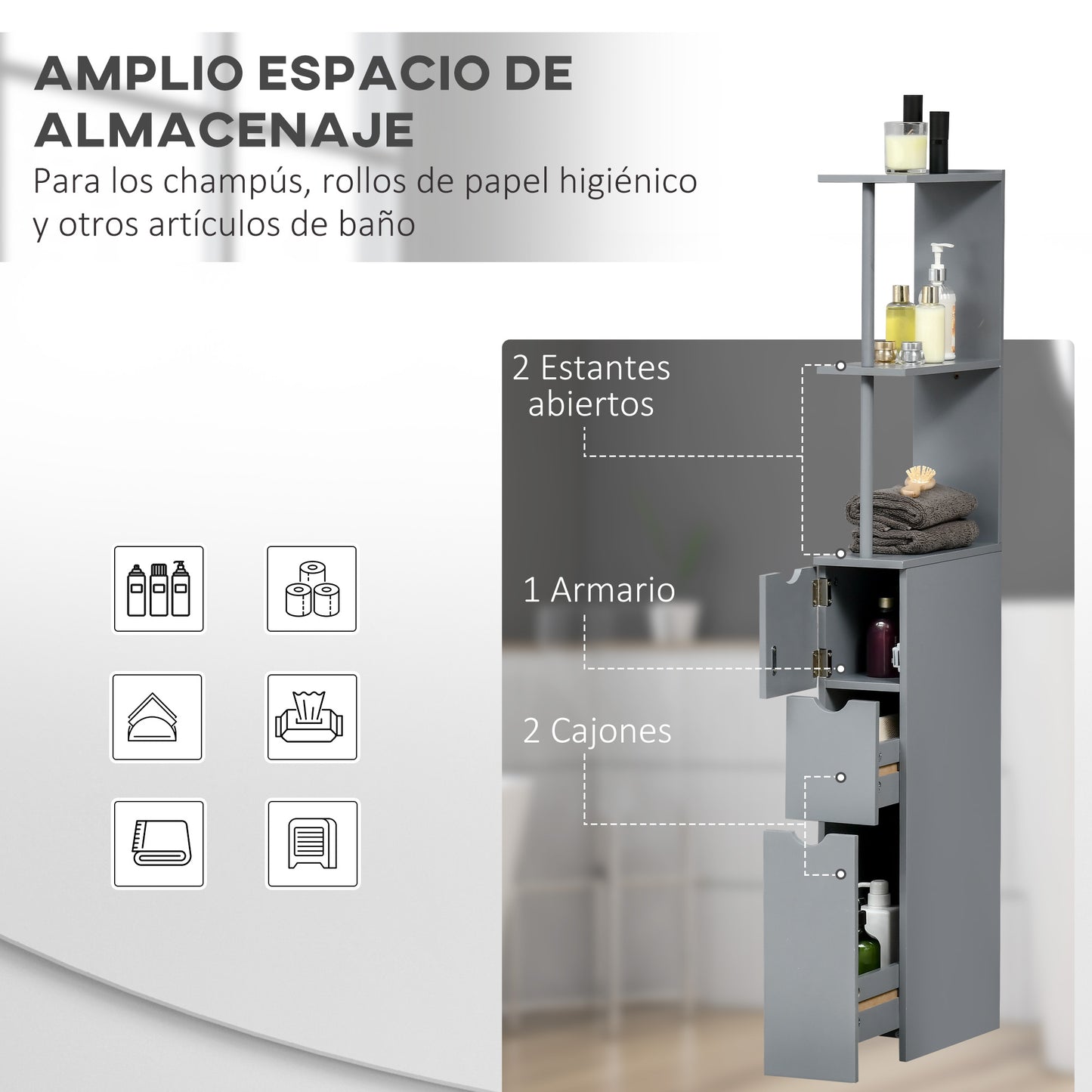 HOMCOM Columna Auxiliar de Baño Moderno Armario de Baño Mueble Auxiliar de Baño con 2 Estantes 2 Cajones y 1 Puerta Antivuelco 15x33x136,5 cm Gris