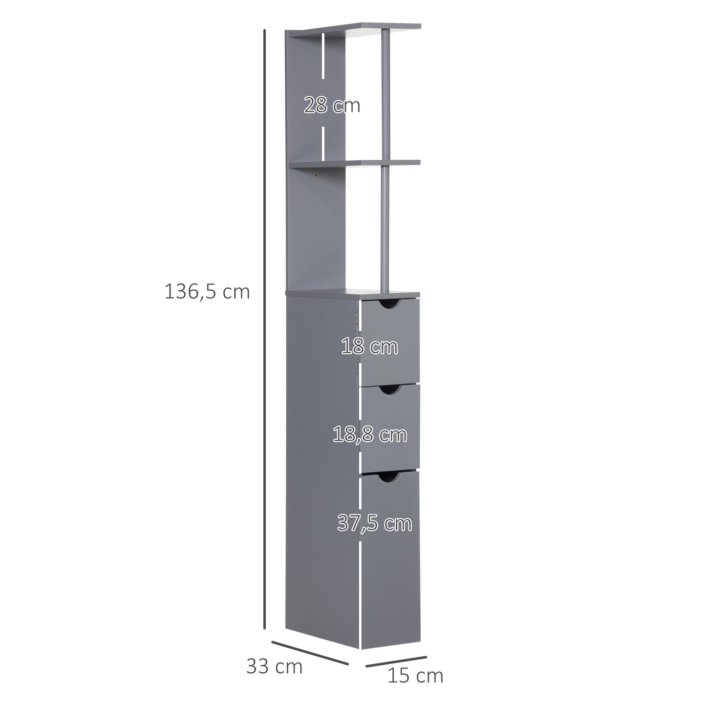 HOMCOM Columna Auxiliar de Baño Moderno Armario de Baño Mueble Auxiliar de Baño con 2 Estantes 2 Cajones y 1 Puerta Antivuelco 15x33x136,5 cm Gris