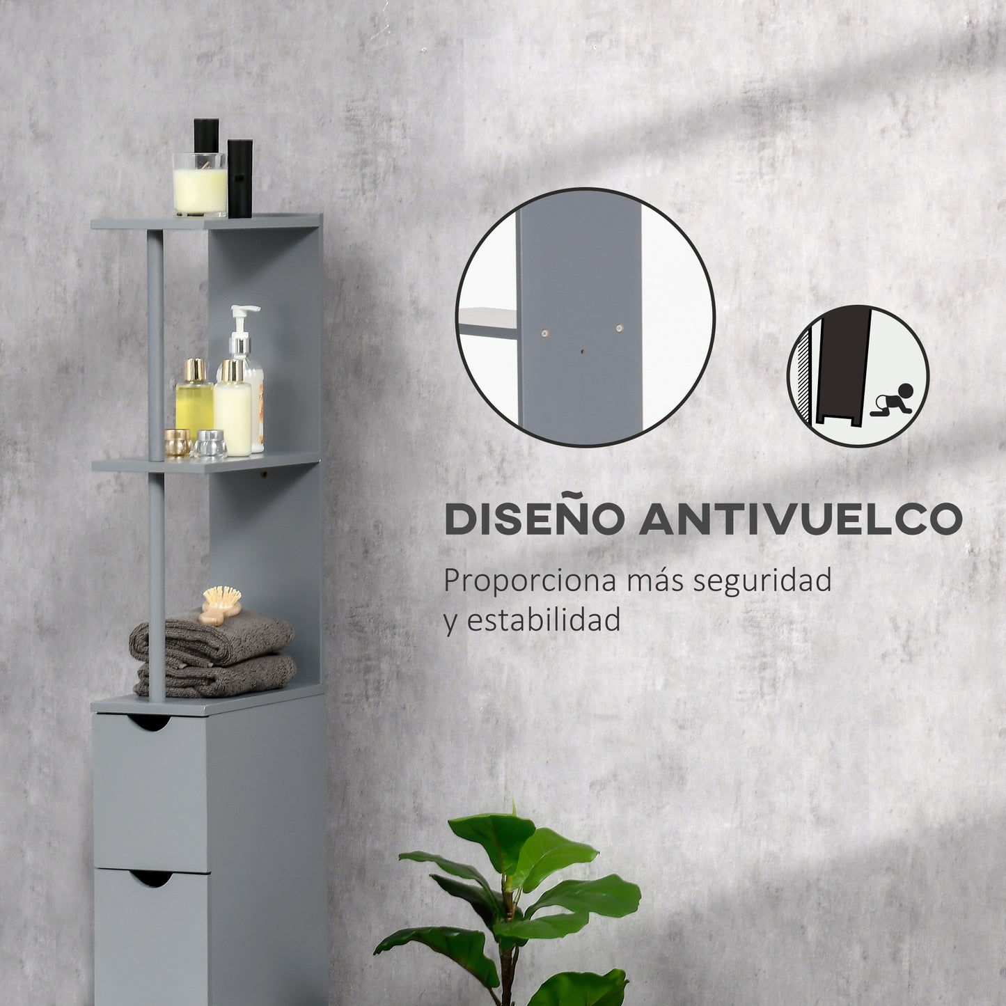 HOMCOM Columna Auxiliar de Baño Moderno Armario de Baño Mueble Auxiliar de Baño con 2 Estantes 2 Cajones y 1 Puerta Antivuelco 15x33x136,5 cm Gris