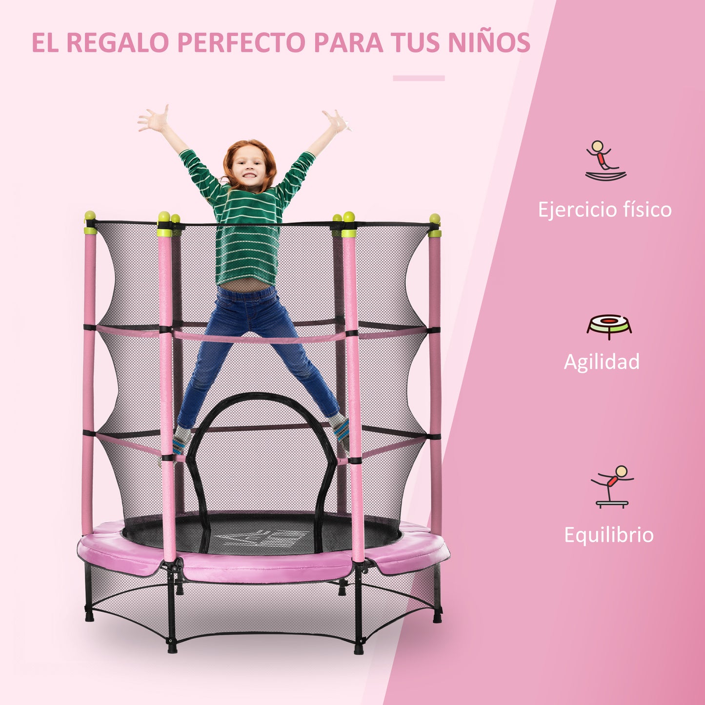 HOMCOM Trampolín para Niños de +3 Años Ø140x160 cm Cama Elástica de Salto Infantil con Red de Seguridad y Marco Acero para Interiores y Exteriores Carga 45 kg Rosa