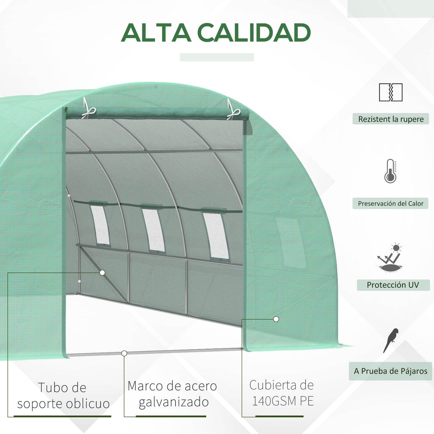 Outsunny Invernadero de Túnel 600x300x200 cm Invernadero de Jardín con Puerta Enrollable 8 Ventanas Cubierta PE 140g/m² y Tubo de Acero para Cultivos Plantas Verduras Verde