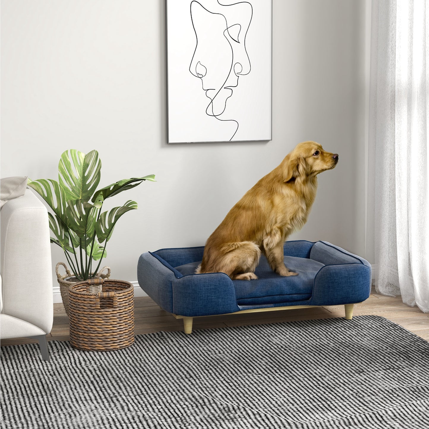 PawHut Sofá para Perros Grandes Cama Elevada para Perros con Patas de Madera y Cojín Lavables Cama para Mascotas Carga 30 kg 96x66x24 cm Azul