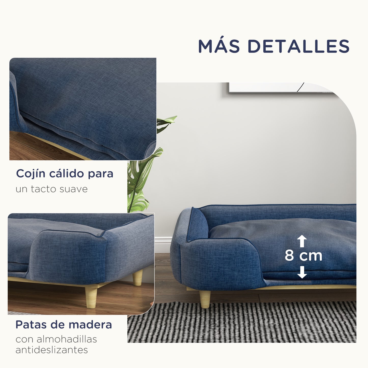 PawHut Sofá para Perros Grandes Cama Elevada para Perros con Patas de Madera y Cojín Lavables Cama para Mascotas Carga 30 kg 96x66x24 cm Azul