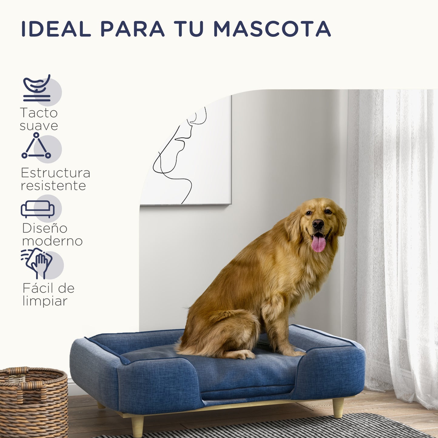 PawHut Sofá para Perros Grandes Cama Elevada para Perros con Patas de Madera y Cojín Lavables Cama para Mascotas Carga 30 kg 96x66x24 cm Azul