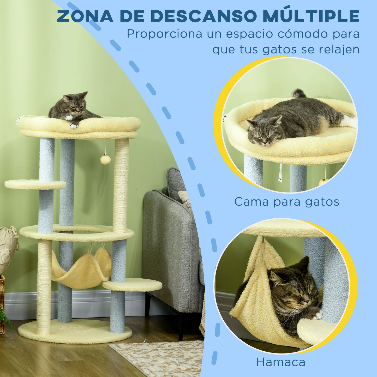 PawHut Árbol Rascador para Gatos Mediano 110 cm Torre para Gatos Centro de Actividades para Gatitos con Hamaca Poste de Sisal y Bola Colgante Ø58x110 cm Amarillo y Azul