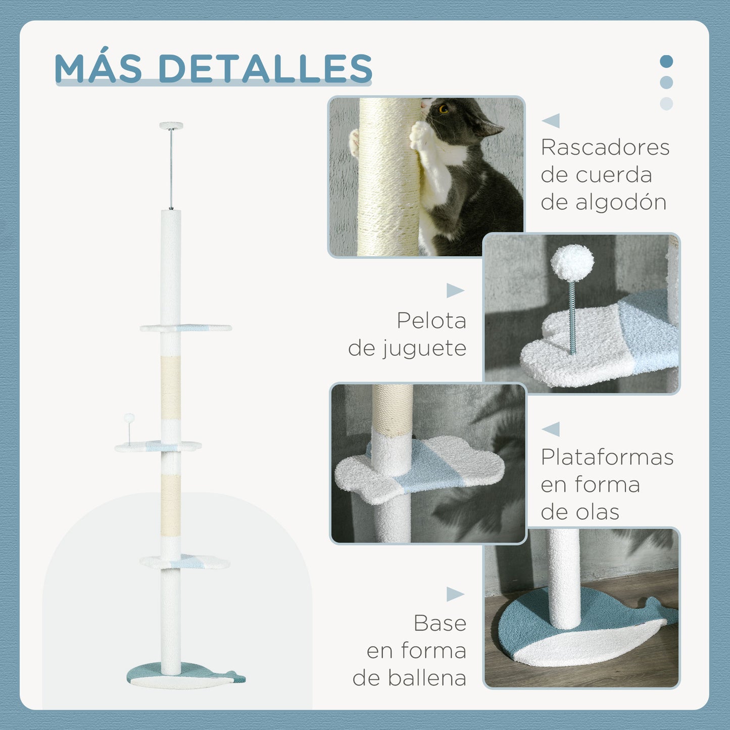 PawHut Árbol para Gatos de Suelo a Techo de 225-255 cm Torre para Gatos de Suelo a Techo Ajustable en Altura con 3 Plataforma de Forma de Ola Postes Rascadores y 1 Bola 55x38x225-255 cm Blanco