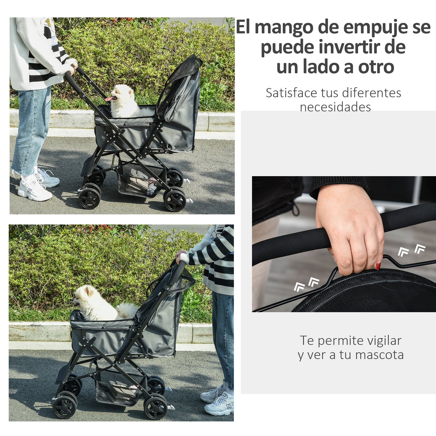 PawHut Carrito para Perros Plegable Cochecito para Perros Pequeños Cochecito para Mascotas con Mango Reversible Ventana de Malla Cesta de Almacenamiento y Cuerda de Seguridad 76,5x52x95 cm Gris