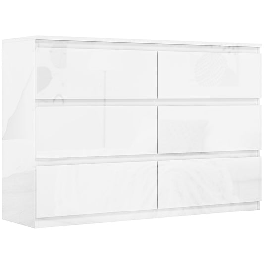 HOMCOM Cómoda con 6 Cajones Cómoda de Dormitorio Moderno con Diseño Anti-vuelco Cajonera para Salón Pasillo 112x34x75 cm Blanco Brillo