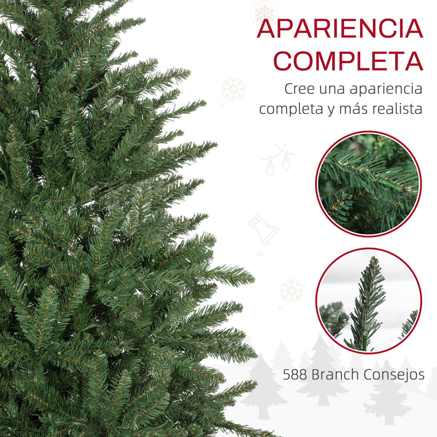 HOMCOM Árbol de Navidad 150 cm Árbol de Navidad Artificial con 220 Luces LED 588 Ramas y Soporte de Metal Árbol Navideño para Salón Interior Verde