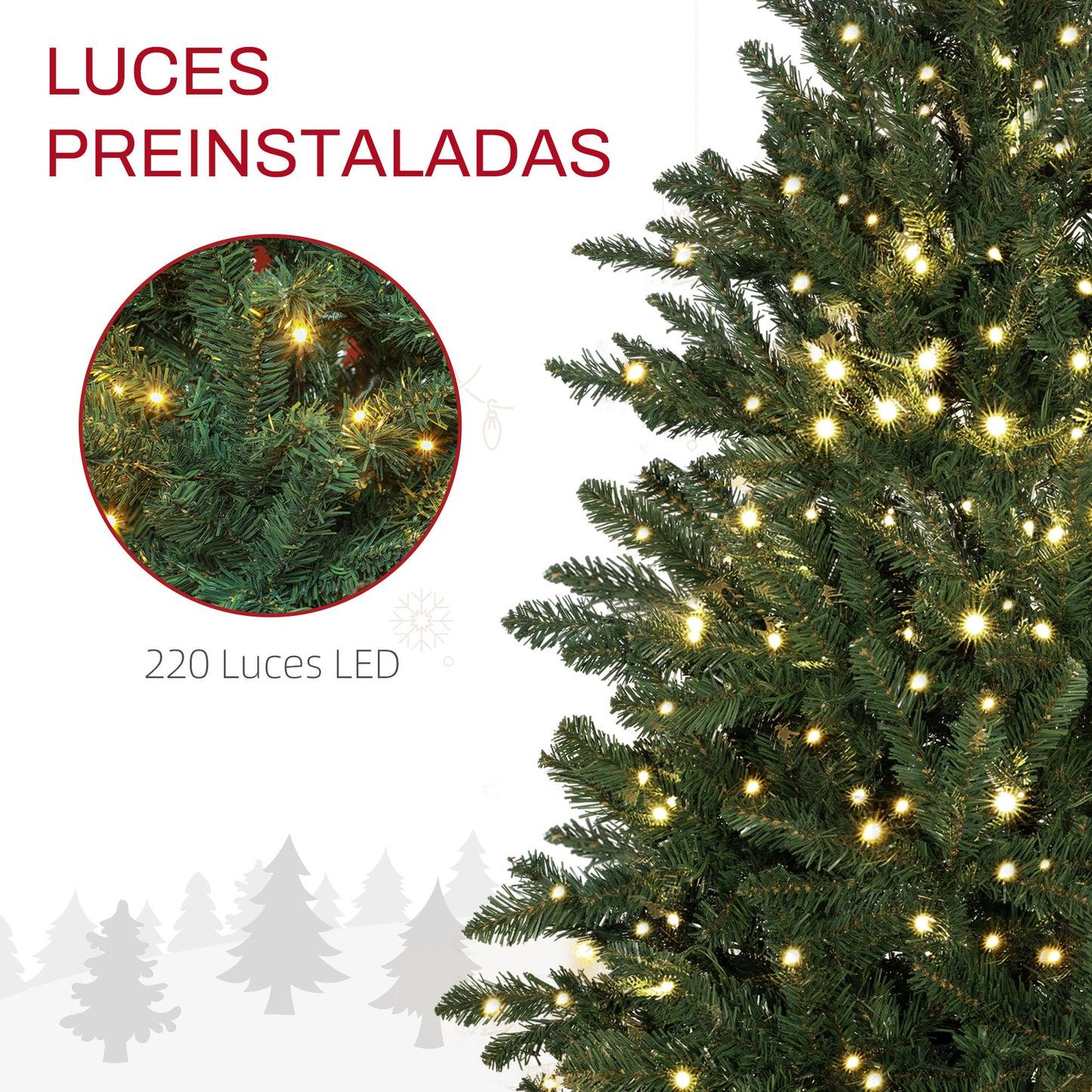 HOMCOM Árbol de Navidad 150 cm Árbol de Navidad Artificial con 220 Luces LED 588 Ramas y Soporte de Metal Árbol Navideño para Salón Interior Verde