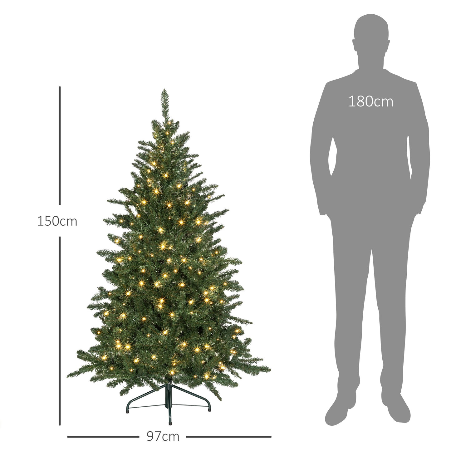 HOMCOM Árbol de Navidad 150 cm Árbol de Navidad Artificial con 220 Luces LED 588 Ramas y Soporte de Metal Árbol Navideño para Salón Interior Verde