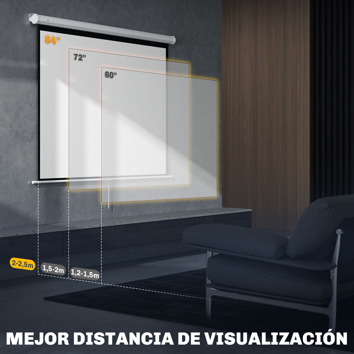 HOMCOM Pantalla Proyector de 84 Pulgadas Tela Proyector Manual Formato 4:3 4K Pantalla de Proyección Montaje en Pared o Techo para Cine en Casa Oficina Interior y Exterior Blanco