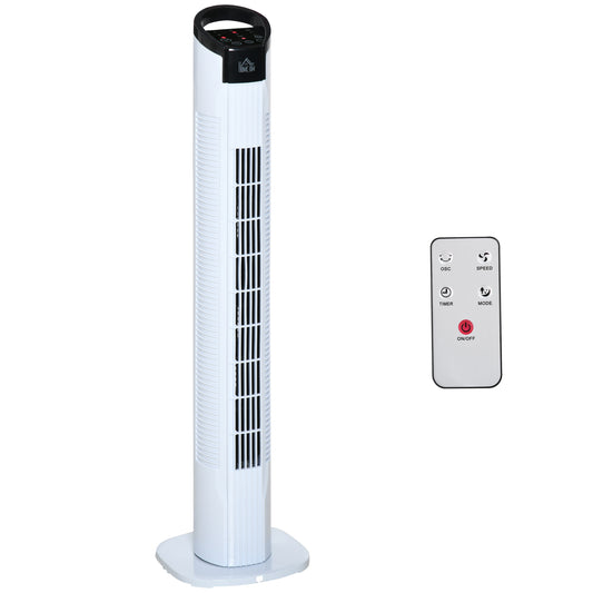 HOMCOM Ventilador de Torre Ventilador Vertical 50W con Mando a Distancia 3 Velocidades Pantalla LED Temporizador 7,5h y Oscilante 70° Ø20x78,5 cm Blanco