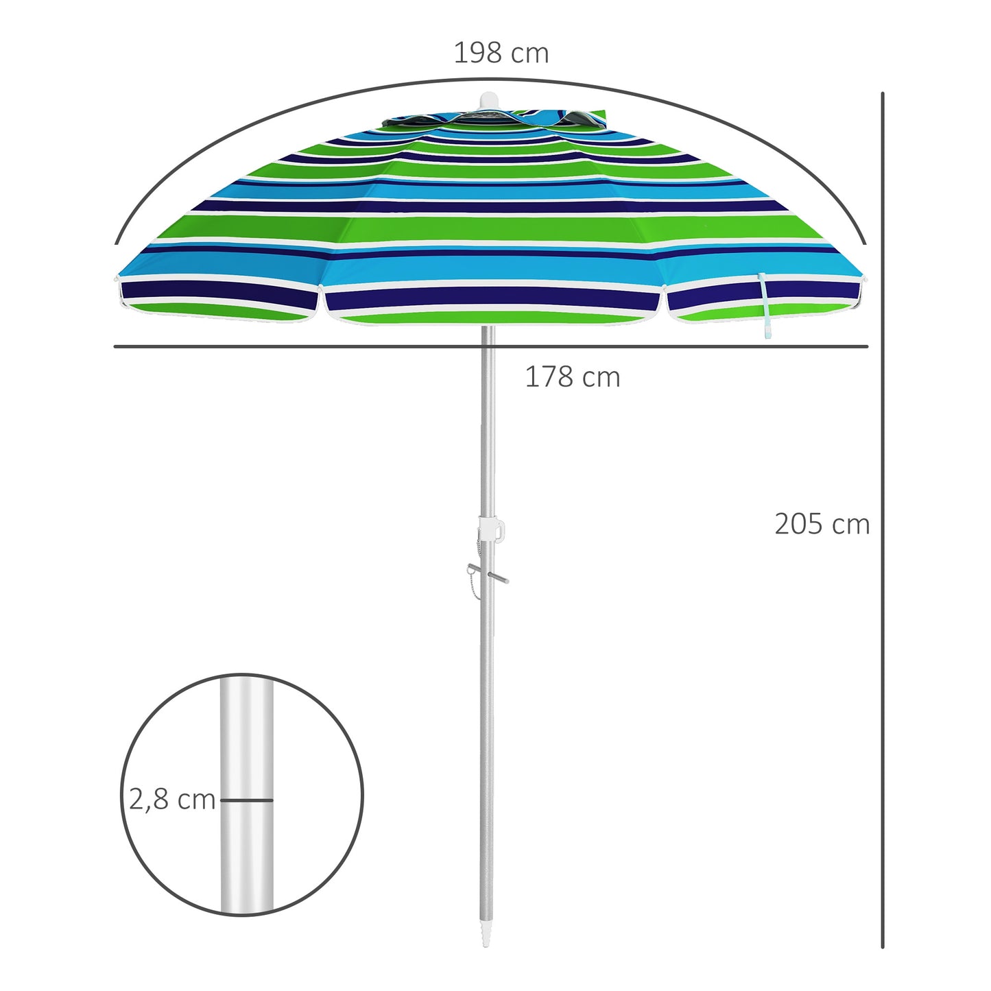 Outsunny Sombrilla de Playa Ø178x205 cm Parasol para Terraza con Reclinación 45° Altura Ajustable Apertura Manual Anti-UV Impermeable y Bolsa de Transporte para Jardín Piscina Multicolor