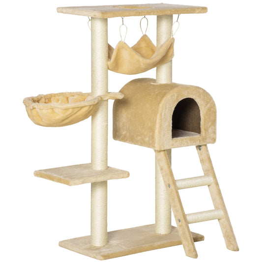 PawHut Árbol Rascador para Gatos Altura 98 cm Torre Escalador con Cueva Cesta Hamaca Escalera Plataformas y Postes Rascadores de Sisal Natural 54x29,5x98 cm Beige