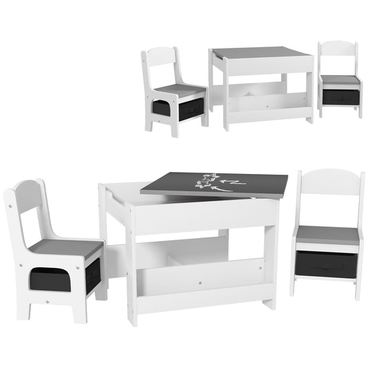 HOMCOM Juego de Mesa y 2 Sillas Infantiles Mesa con Sillas para Niños 2 en 1 con Pizarra Cajones de Tela y Espacio de Almacenamiento para Guardería Sala de Juegos Gris