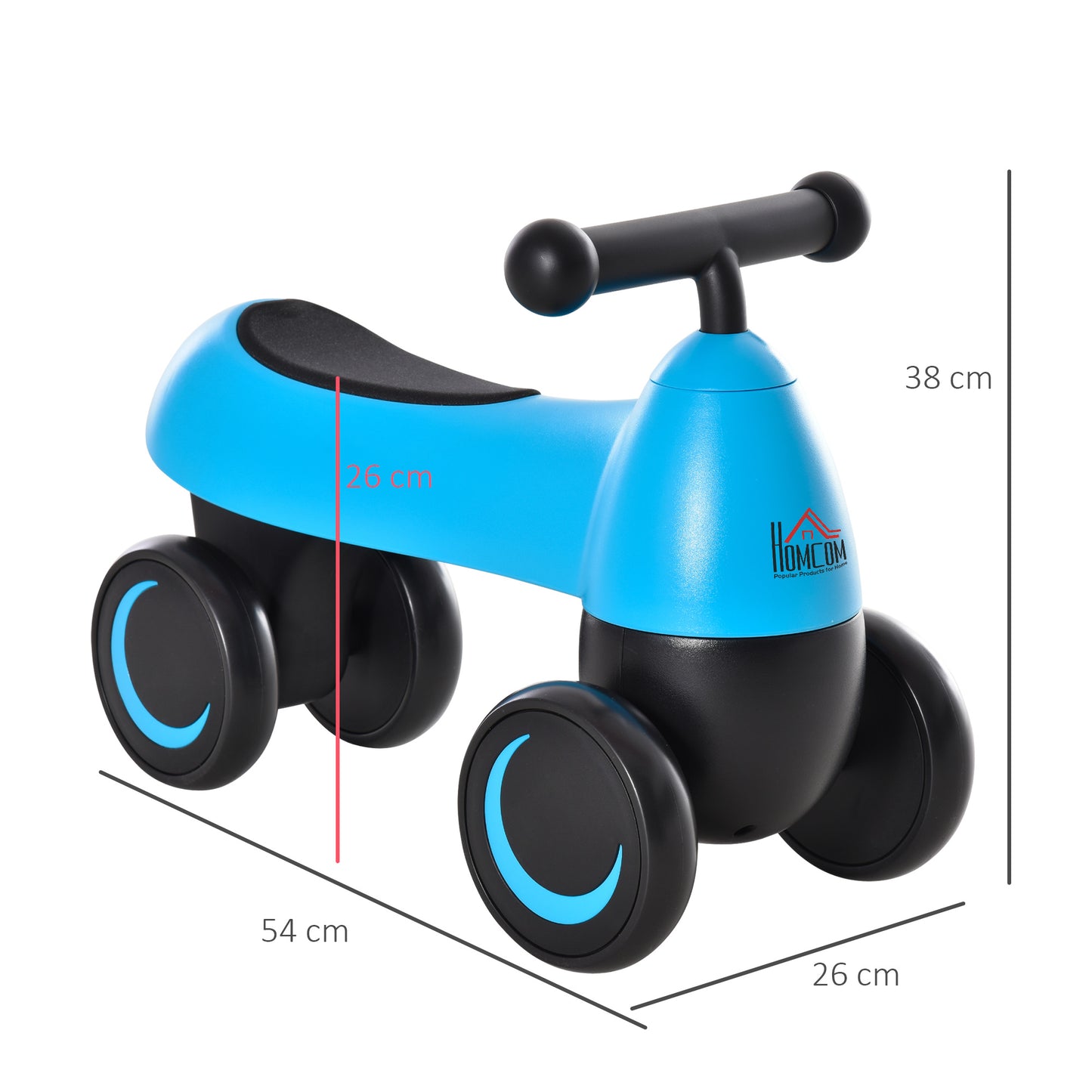 HOMCOM Correpasillos de Equilibrio para Niños Bicicleta sin Pedales Bebés de 18-36 Meses Altura Asiento de 26 cm con 4 Ruedas y Manillar Regalo de Cumpleaños 54x26x38 cm Azul