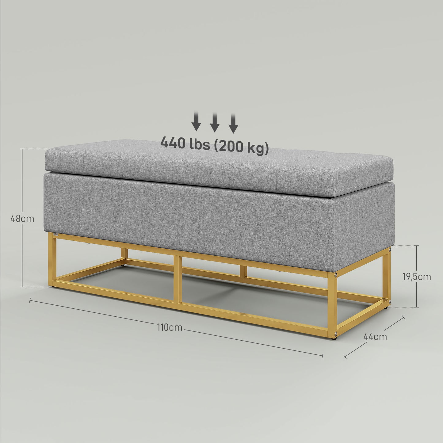 HOMCOM Baúl de Almacenaje para Dormitorio Puff de Almacenaje Tapizado de Lino Sintético con Tapa Abatible y Patas de Acero para Salón 110x44x48 cm Gris