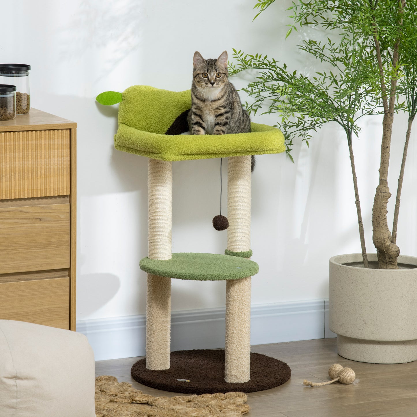 PawHut Árbol Rascador para Gatos Altura 83 cm Torre para Gatos con Cama en Forma de Aguacate Plataforma Postes de Sisal y Bola Colgante Ø44x83 cm Verde