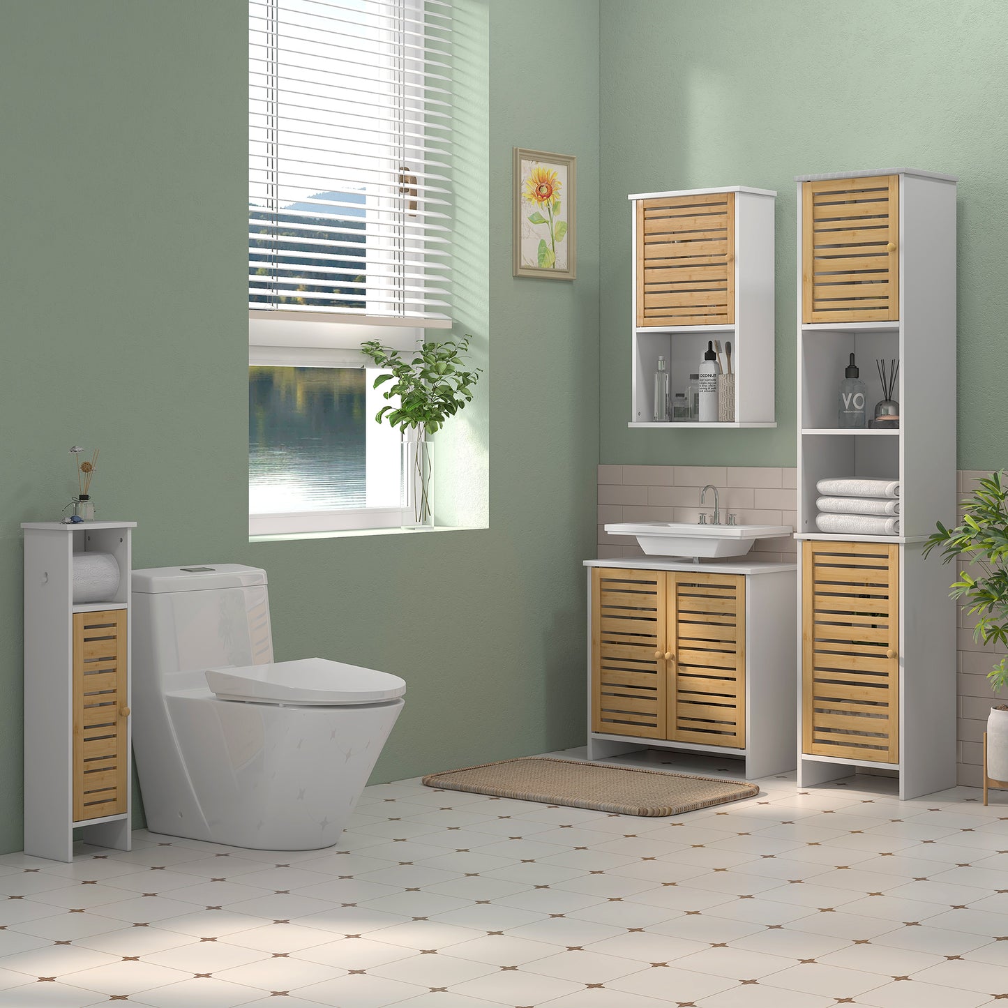 HOMCOM Columna de Baño Moderna Mueble Auxiliar de Baño con Portarrollos de Papel Estantes Ajustable y Puerta de Bambú Anti-vuelco 35x30x170 cm Blanco y Natural