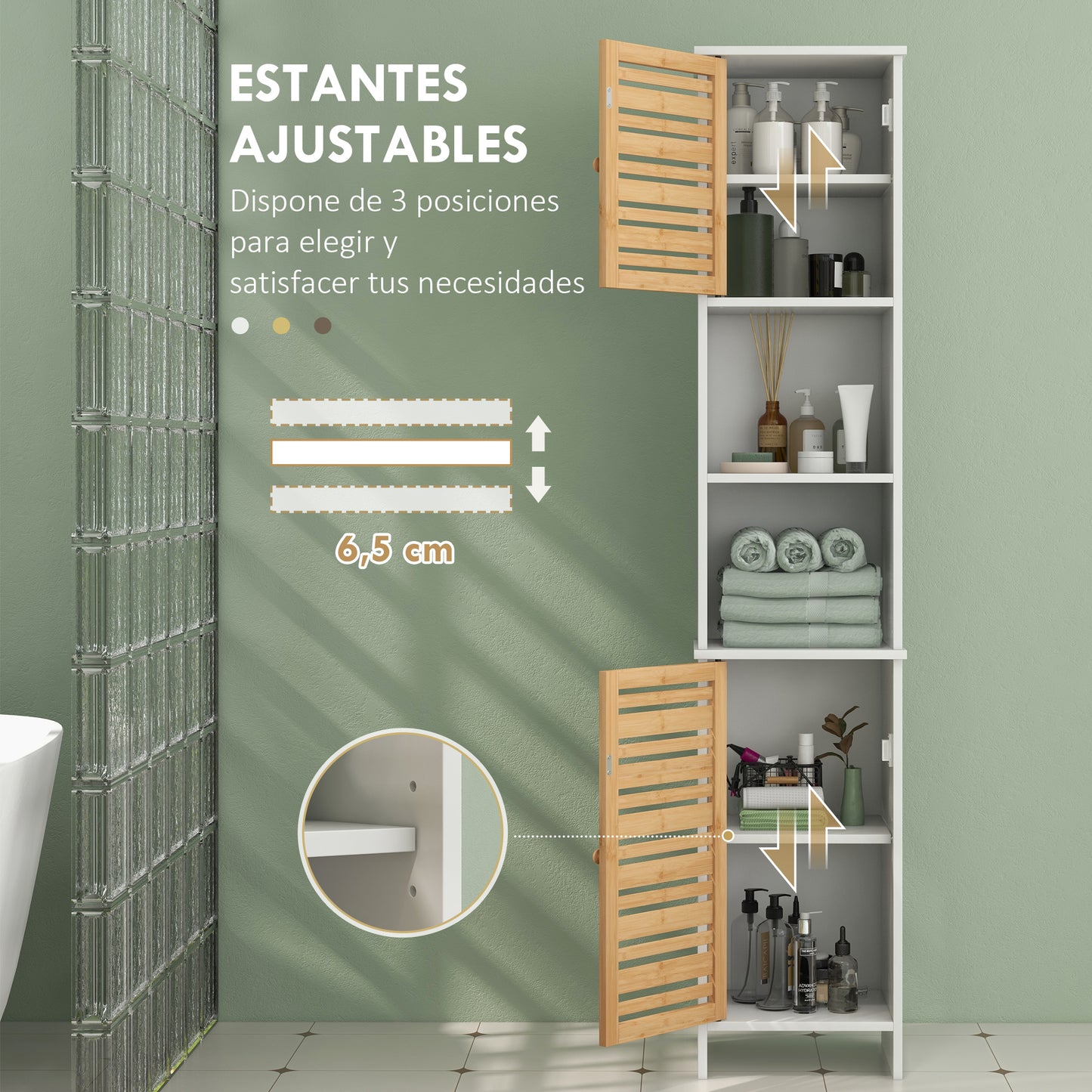 HOMCOM Columna de Baño Moderna Mueble Auxiliar de Baño con Portarrollos de Papel Estantes Ajustable y Puerta de Bambú Anti-vuelco 35x30x170 cm Blanco y Natural