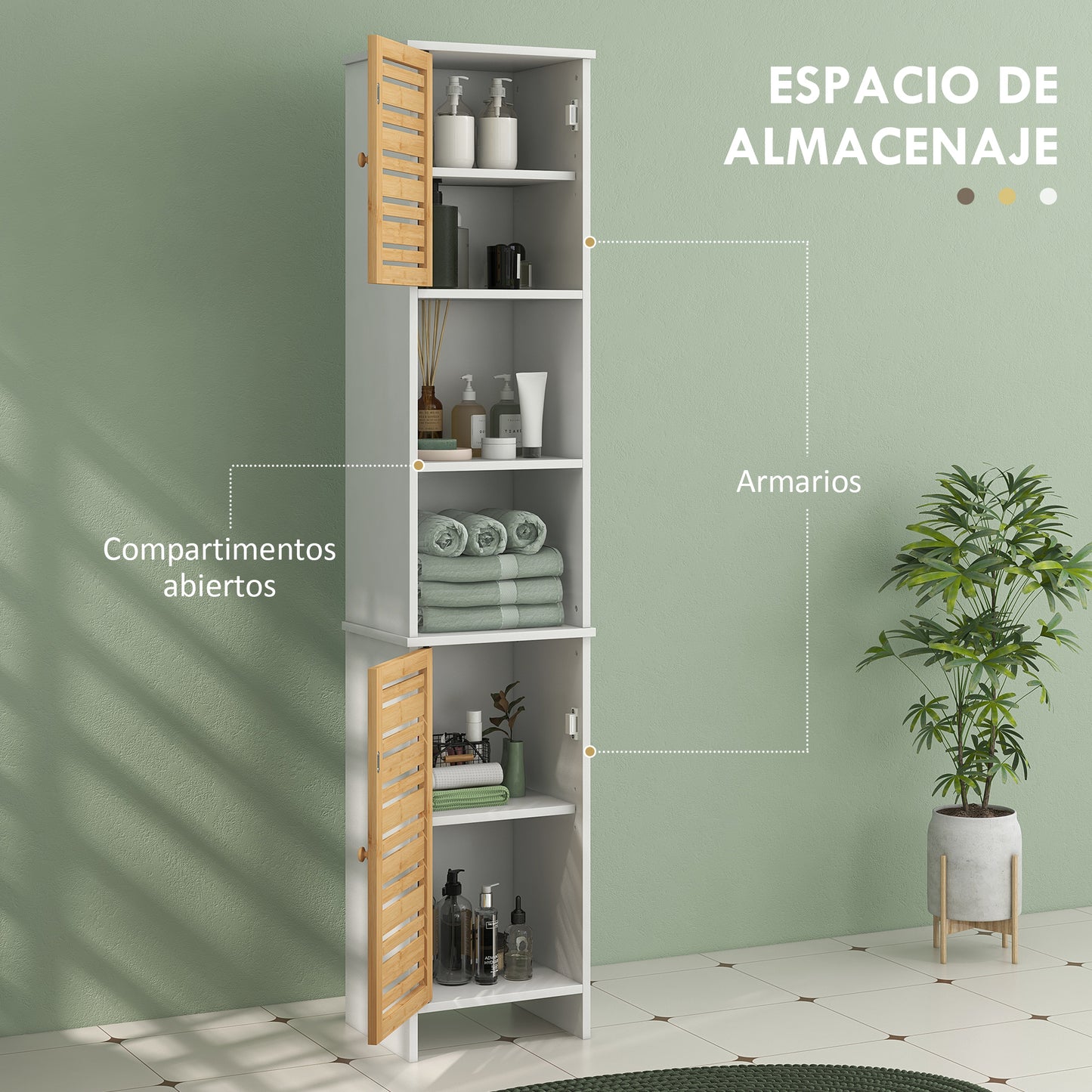 HOMCOM Columna de Baño Moderna Mueble Auxiliar de Baño con Portarrollos de Papel Estantes Ajustable y Puerta de Bambú Anti-vuelco 35x30x170 cm Blanco y Natural