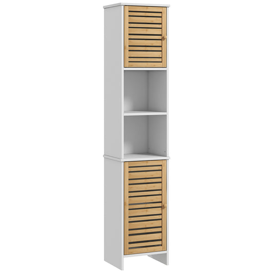 HOMCOM Columna de Baño Moderna Mueble Auxiliar de Baño con Portarrollos de Papel Estantes Ajustable y Puerta de Bambú Anti-vuelco 35x30x170 cm Blanco y Natural