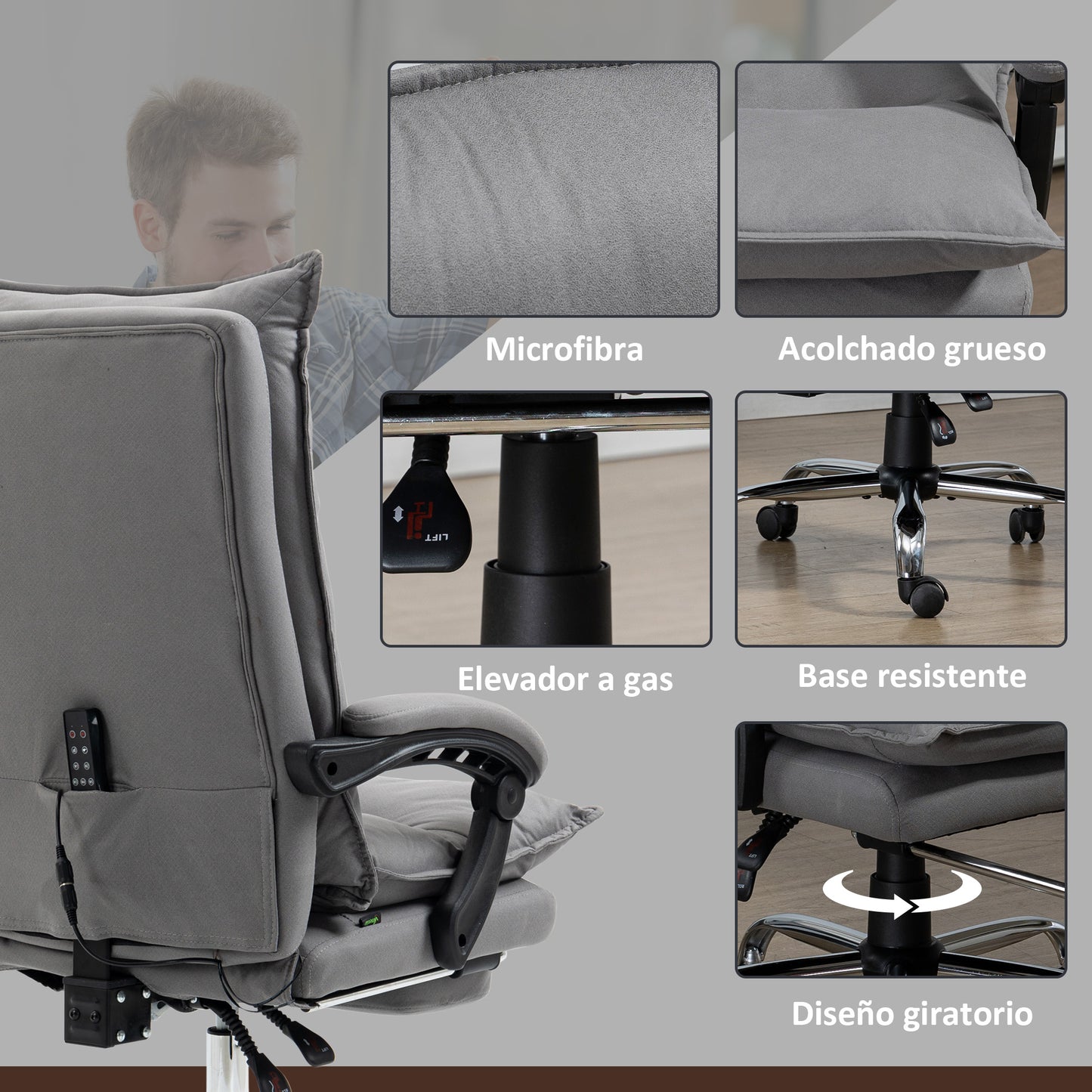 Vinsetto Silla de Masaje con 6 Puntos de Masaje y 5 Modos Silla de Escritorio Reclinable con Función de Calefacción Altura Ajustable Reposapiés y Ruedas para Estudio 66x74x114-121,5 cm Gris