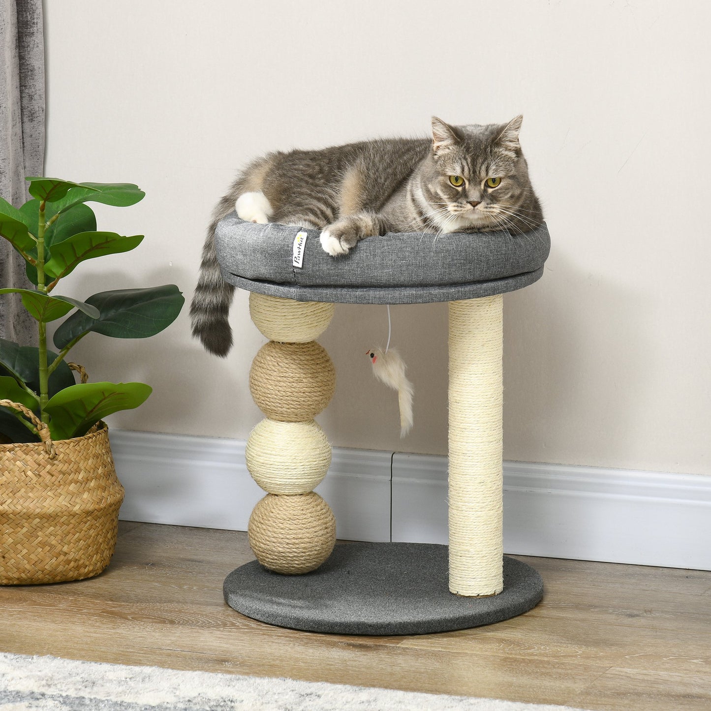 PawHut Árbol Rascador para Gatos Pequeño Torre para Gatos Centro de Actividades para Gatitos con Nido 4 Bolas y Poste de Sisal Carga 15 kg Ø40x48 cm Gris y Beige