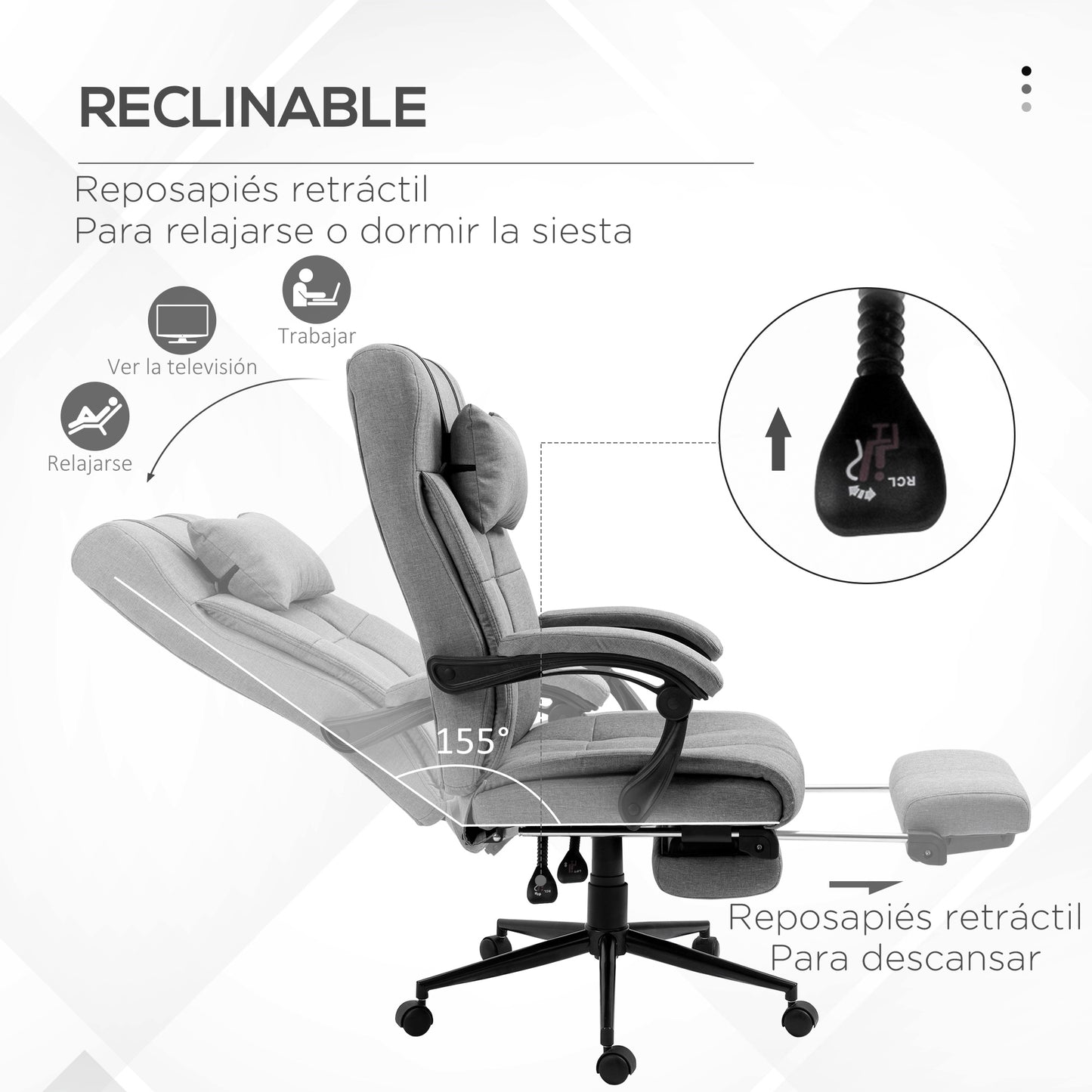 Vinsetto Silla de Oficina Reclinable Silla de Escritorio Giratoria Tapizado de Tela con Altura Ajustable Reposapiés Reposacabezas y Reposabrazos Carga 120 kg para Estudio 66x76x112-120 cm Gris