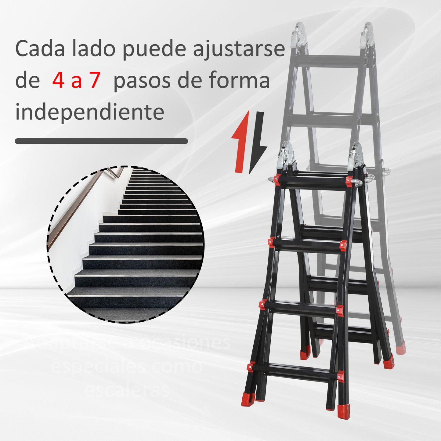 HOMCOM Escalera Telescópica de Aluminio 4 m Escalera Extensible Plegable con 8 Peldaños Ajustables y 2 Formas Escalera Multiusos Carga 150 kg Negro y Rojo