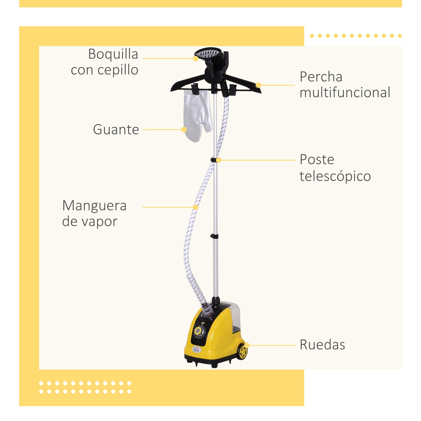 HOMCOM Plancha de Vapor con Depósito de 1,4 L y Temperatura Ajustable a 11 Niveles tipo Centro de Planchado Vertical 1800W 26x21,5x146 cm Amarillo