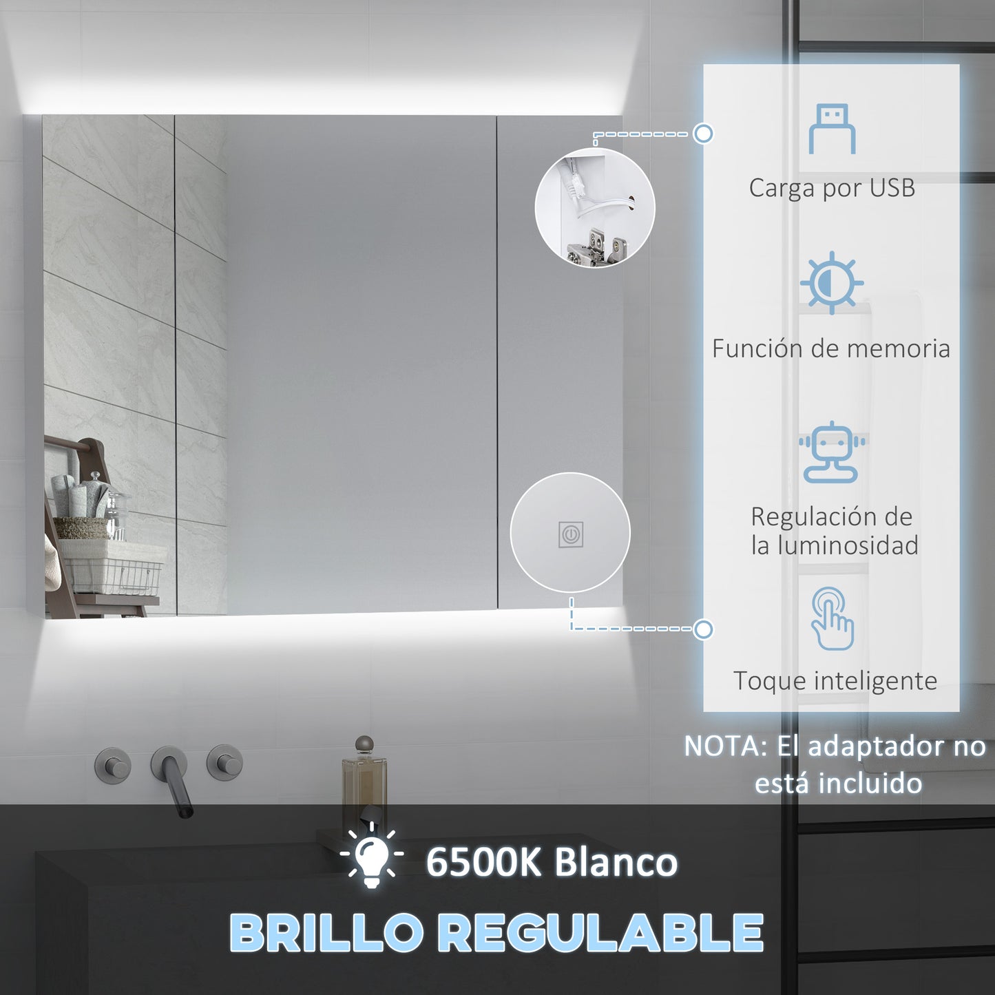 HOMCOM Armario de Baño con Espejo y Luces LED Armario con Espejo para Baño con Estantes Ajustables y USB Mueble para Baño Estilo Moderno 90x15x75 cm Blanco