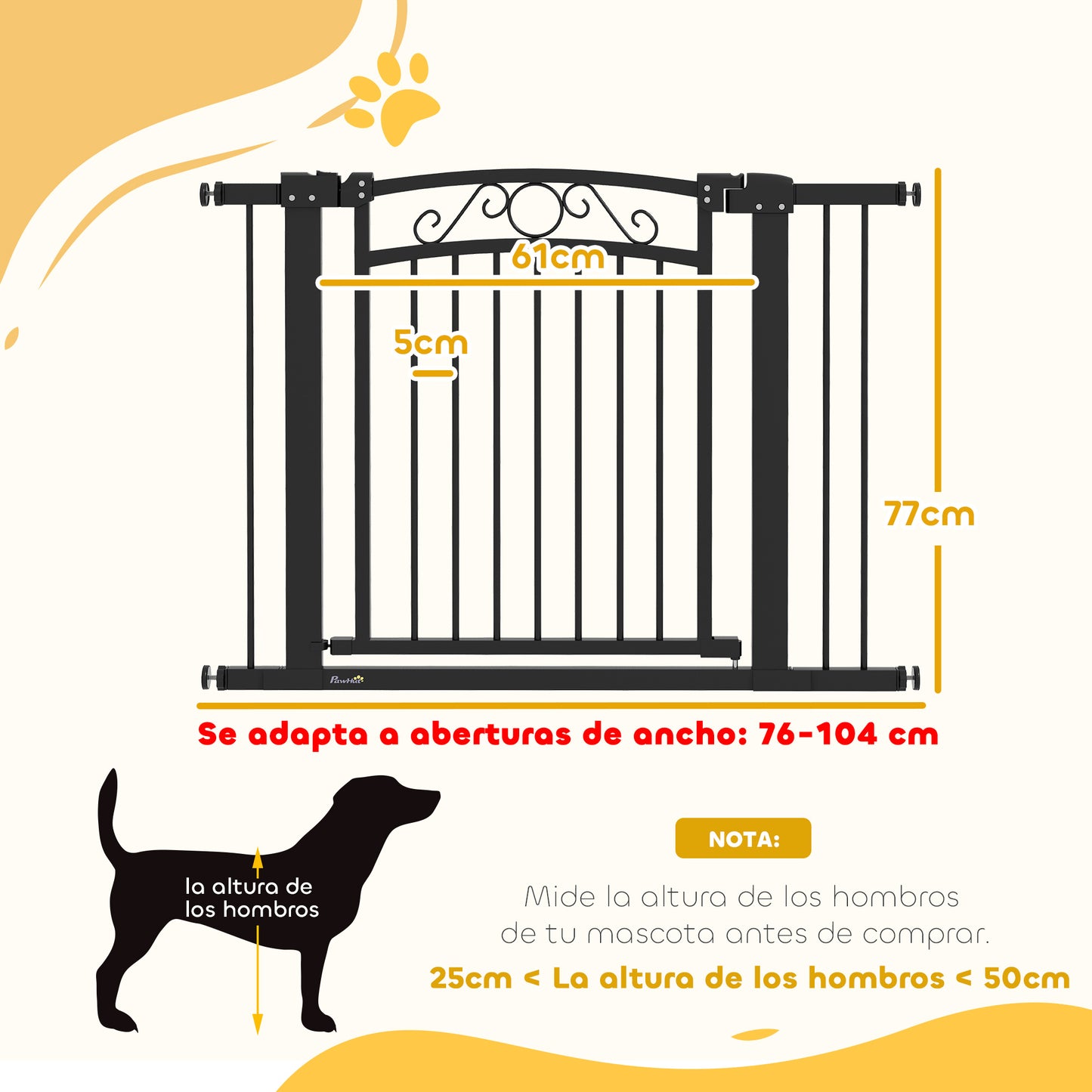 PawHut Barrera para Perros Puerta para Perros con Ancho Ajustable 76-104 cm Barrera de Seguridad para Perros con 2 Extensiones y Doble Bloqueo para Escaleras y Puertas Negro