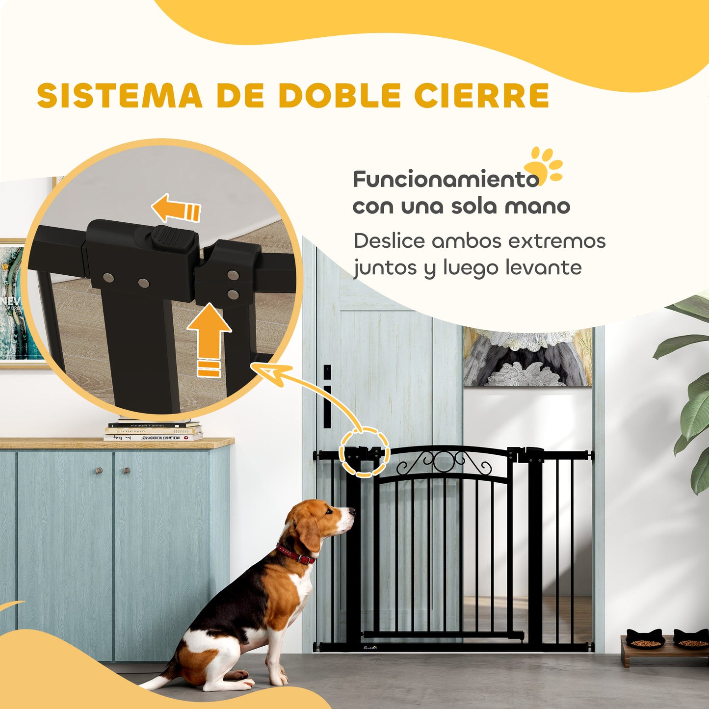 PawHut Barrera para Perros Puerta para Perros con Ancho Ajustable 76-104 cm Barrera de Seguridad para Perros con 2 Extensiones y Doble Bloqueo para Escaleras y Puertas Negro