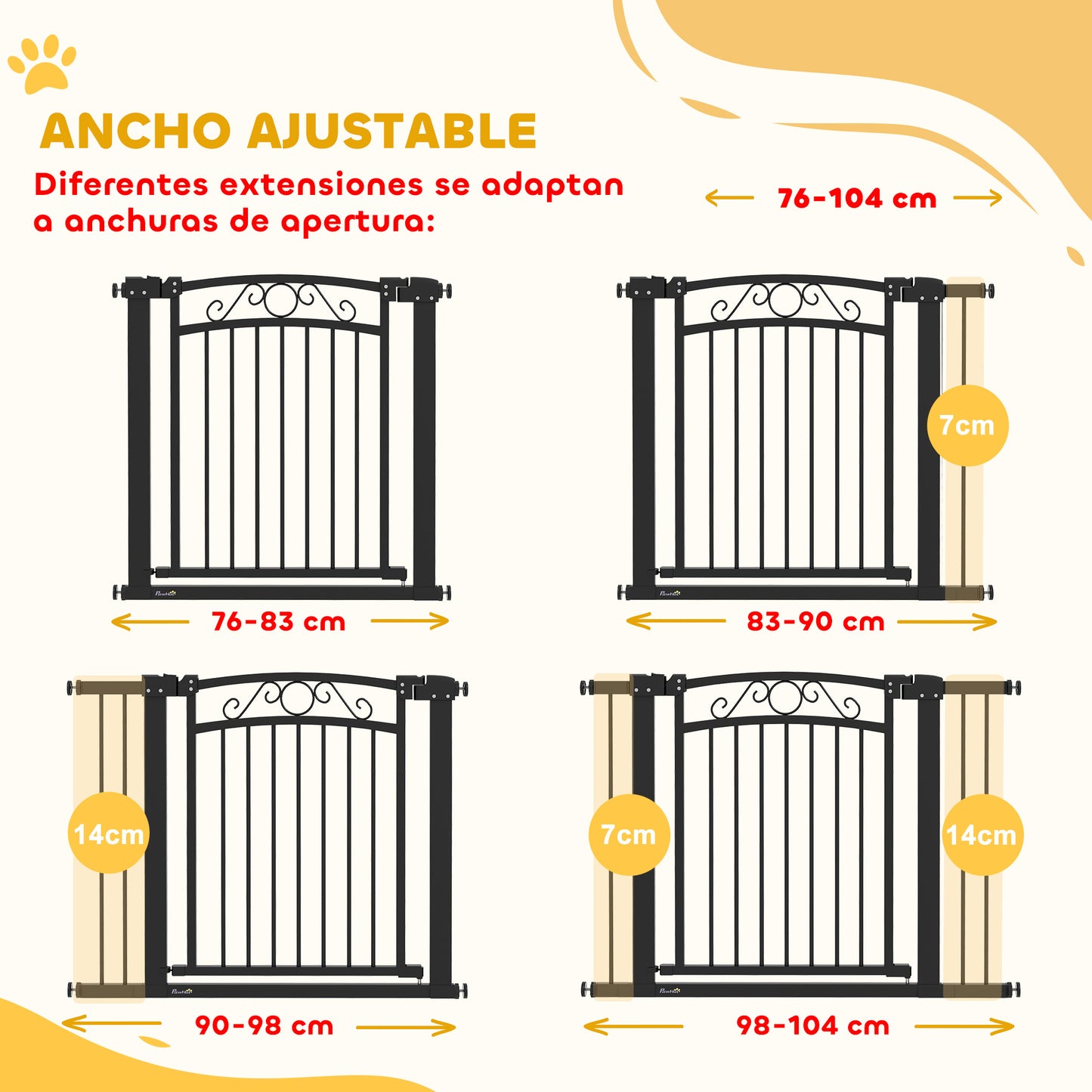 PawHut Barrera para Perros Puerta para Perros con Ancho Ajustable 76-104 cm Barrera de Seguridad para Perros con 2 Extensiones y Doble Bloqueo para Escaleras y Puertas Negro